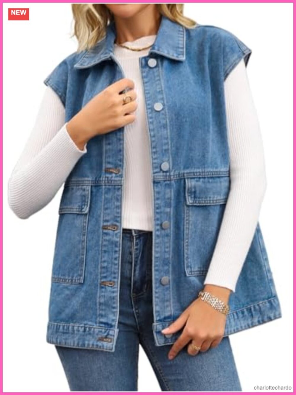 Womens Long Denim Vest Oversized Sleeveless Button Down Utility Jean Jacket
